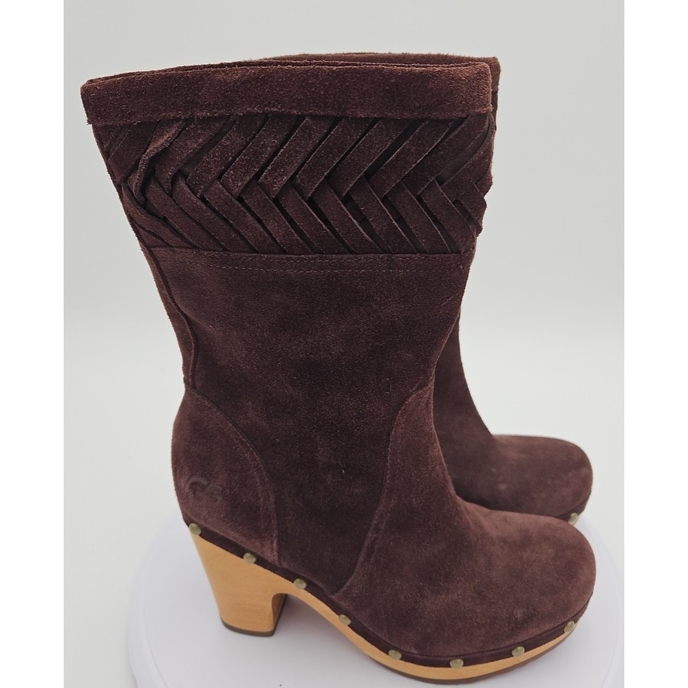 UGG Annaliza‎ Brown Leather Suede Woven Boots Clog Studded Wood Heels W/5 EU/36